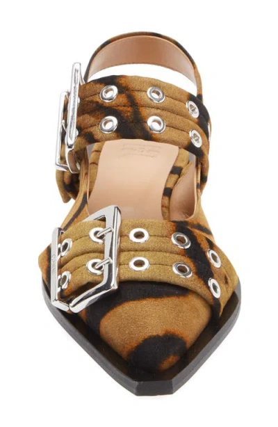 Ganni Zebra Pointed Toe Mary Jane Slingback Flat In Brown