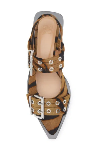 Ganni Zebra Pointed Toe Mary Jane Slingback Flat In Brown
