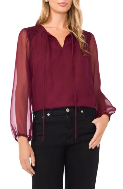 Vince Camuto Sheer Sleeve Tie Neck Top In Red