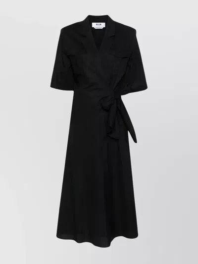 Msgm Midi Wrap Dress With Front Tie And Pockets In Black