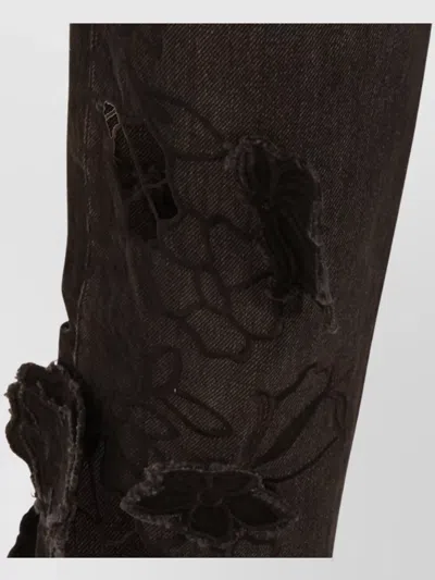 Blumarine Straight Trousers With Distressed Floral Appliqué In Gray