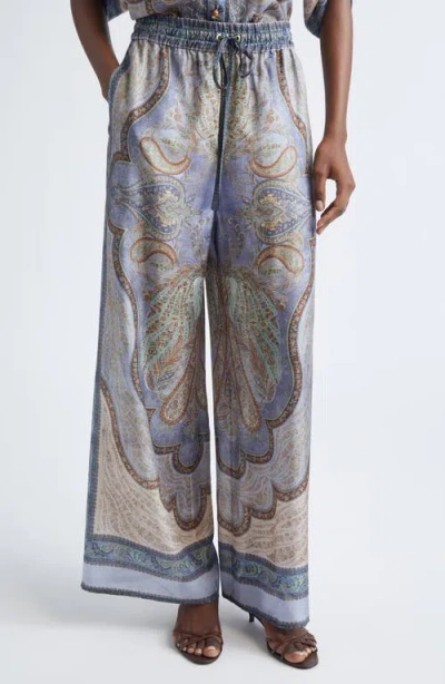 Zimmermann Wanderlust Paisley Relaxed Wide Leg Habutai Silk Drawstring Pants In Blue