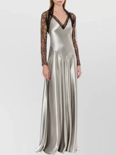 Alberta Ferretti Backless Satin Long Sleeve Floor-length Dress In Multi