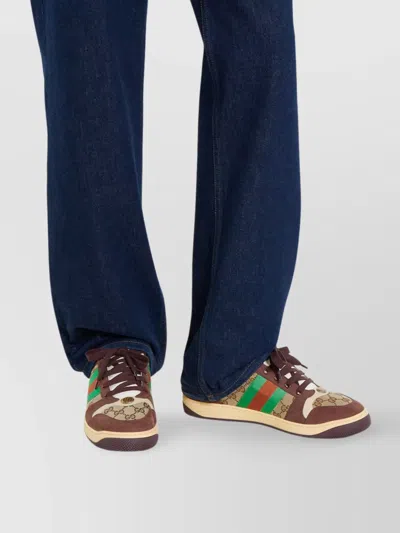 Gucci Leather And Gg Sneakers With Side Stripes In Brown