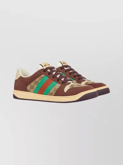 Gucci Leather And Gg Sneakers With Side Stripes In Brown