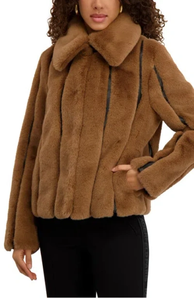 Karl Lagerfeld Paris Vertical Seam Faux Fur Jacket In Brown