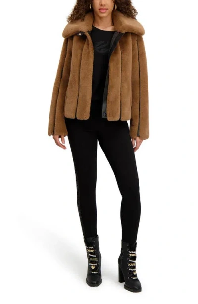 Karl Lagerfeld Paris Vertical Seam Faux Fur Jacket In Brown
