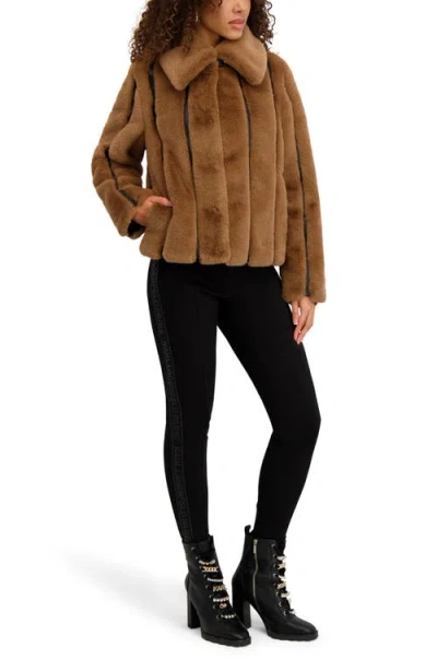Karl Lagerfeld Paris Vertical Seam Faux Fur Jacket In Brown