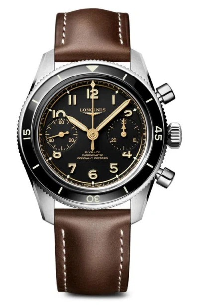 Longines Spirit Pilot Flyback Leather Strap Watch, 39.5mm In Brown