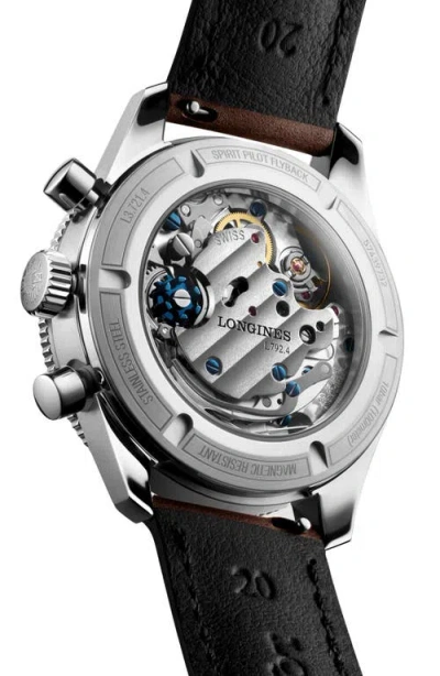 Longines Spirit Pilot Flyback Leather Strap Watch, 39.5mm In Brown