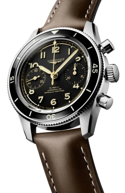 Longines Spirit Pilot Flyback Leather Strap Watch, 39.5mm In Brown