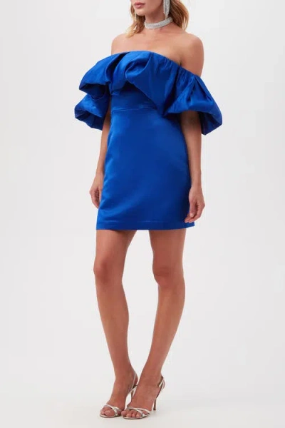Trina Turk Nia Off The Shoulder Ruffle Satin Cocktail Dress In Blue