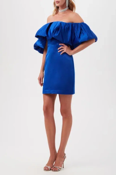 Trina Turk Nia Off The Shoulder Ruffle Satin Cocktail Dress In Blue