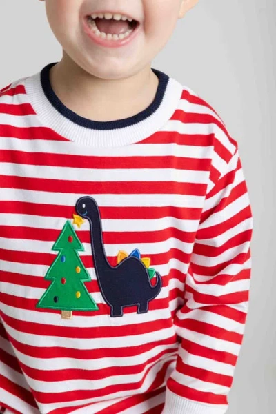 Florence Eiseman Stripe Knit Shirt With Dino And Christmas Tree In Red