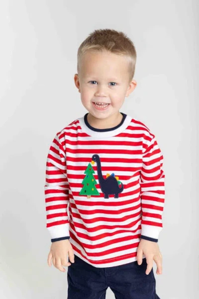 Florence Eiseman Stripe Knit Shirt With Dino And Christmas Tree In Red