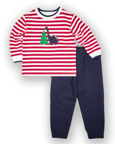 Florence Eiseman Stripe Knit Shirt With Dino And Christmas Tree In Red