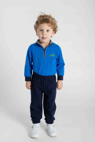 Florence Eiseman Knit Raglan 1/2 Zip Shirt With Train In Blue