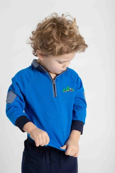 Florence Eiseman Knit Raglan 1/2 Zip Shirt With Train In Blue