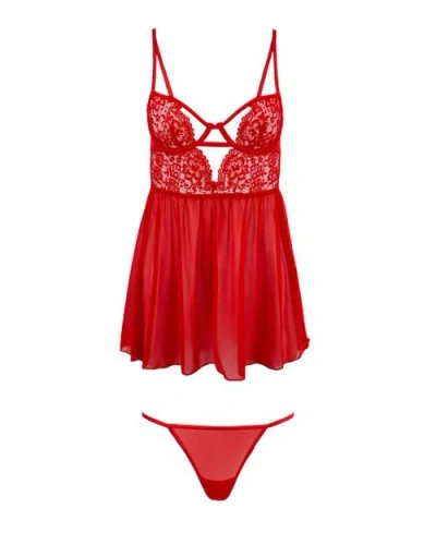 Adore Me Rae Unlined Babydoll & G-string Set Lingerie In Red
