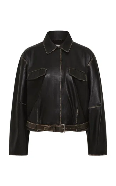St Agni Belted Brushed-leather Jacket In Black