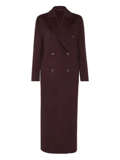 Brunello Cucinelli Hand-crafted Coat In Cashmere Double Beaver Cloth With Monili In Burgundy