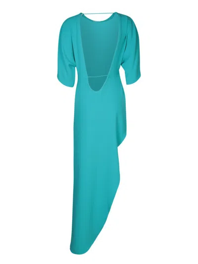 Rev Azure Satin Long Dress With Asymmetric Cut In Green
