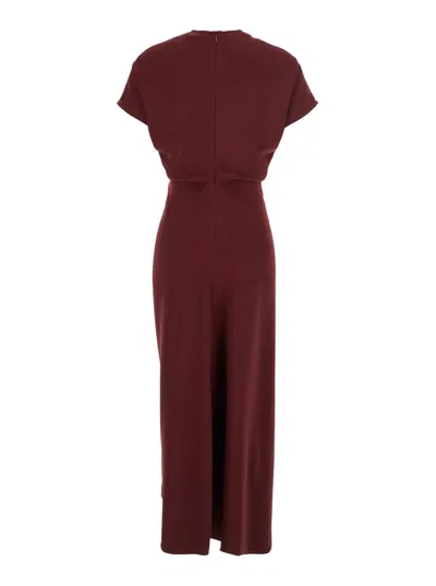 Plain Bordeaux Dress With V Neck And Short Sleeves In Tech Fabric Woman In Red