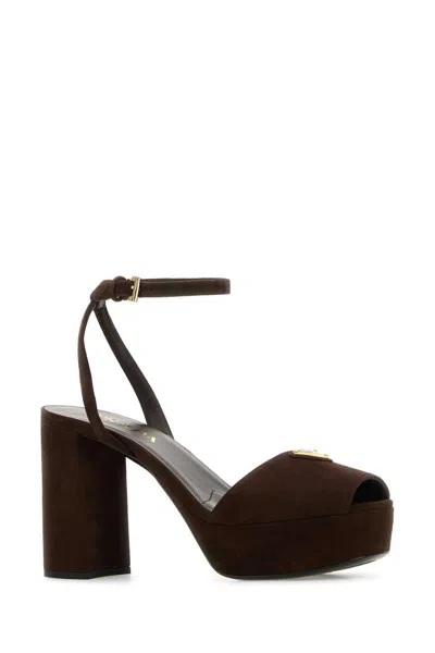 Prada Block Heel Open Toe Sandals With Suede Finish In Brown