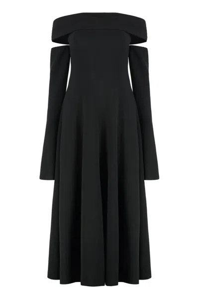 Alberta Ferretti Slightly Stretch Cady Midi Dress With Off-the-shoulder Neckline In Black
