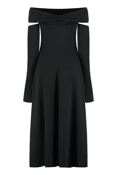 Alberta Ferretti Slightly Stretch Cady Midi Dress With Off-the-shoulder Neckline In Black