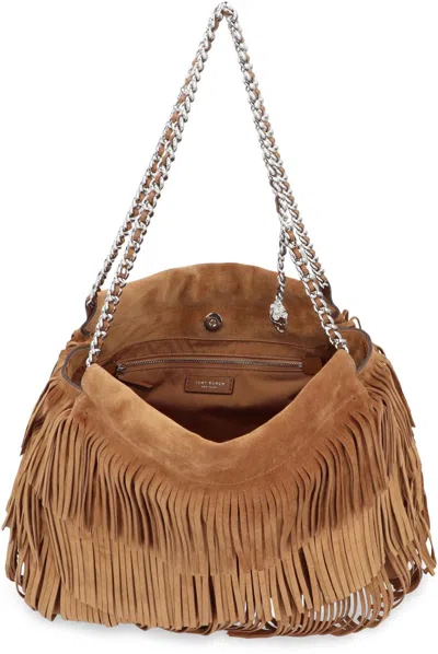 Tory Burch Fleming Brown Shoulder Bag With Chain Strap And Fringe Design In Suede Woman In Brown