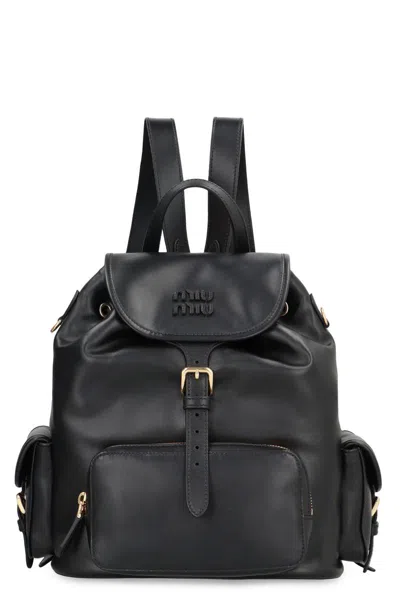 Miu Miu Leather Backpack With Front And Side Pockets In Black