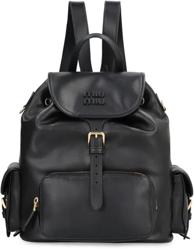 Miu Miu Leather Backpack With Front And Side Pockets In Black