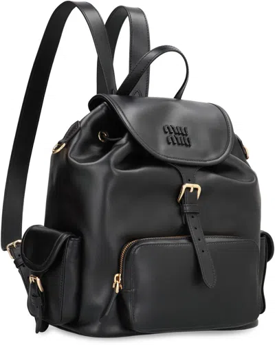 Miu Miu Leather Backpack With Front And Side Pockets In Black