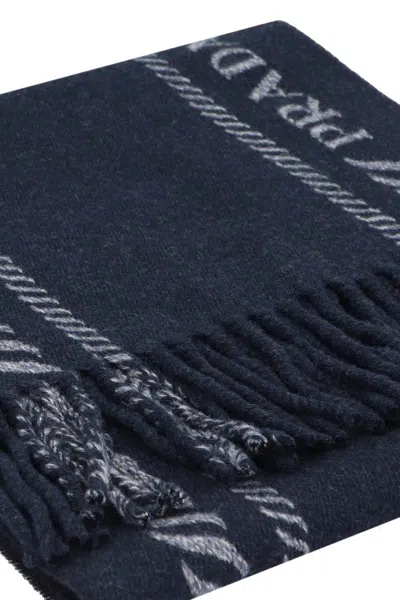 Prada Striped Pattern Scarf Fringed Edges In Blue