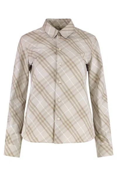 Burberry Women Beige Shirt With Pointed Collar And All-over Check Motif In Cotton Woman In Neutral