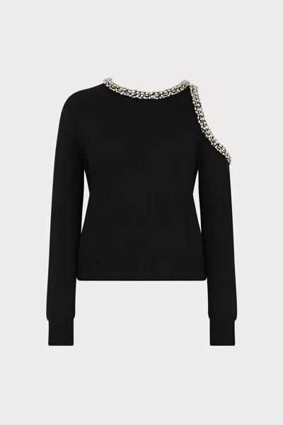 Milly Roma Crystal Embellished Crew Neck Long Sleeve Top In Black