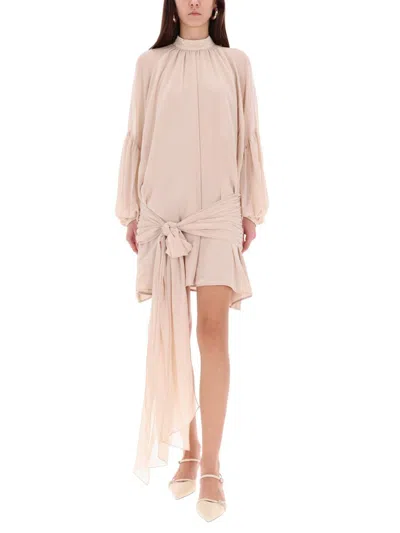 Rotate Birger Christensen Rotate Birgerchristensen Chiffon Dress With Shoulder Straps And Tie In Neutral