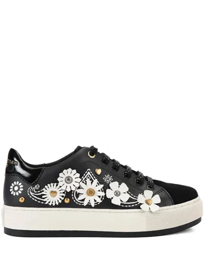 Kurt Geiger Floral-appliqué Studded Sneakers In Black