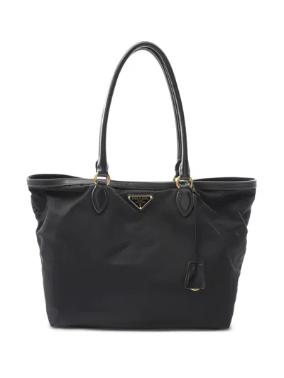 Pre-owned Prada Leather-trimmed Canvas Tote Bag In Black
