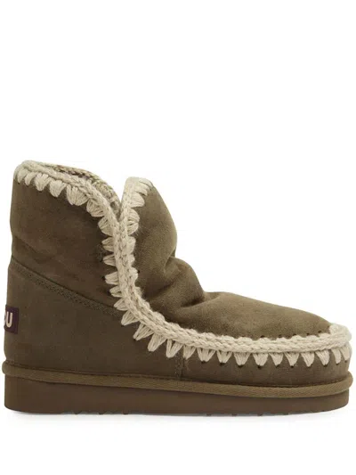 Mou Eskimo 18 Low Heels Ankle Boots In Green Suede In Brown