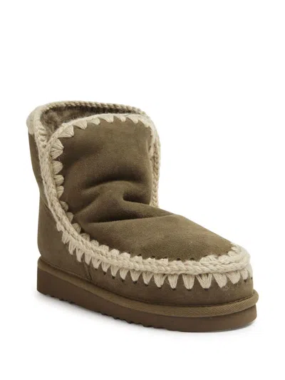 Mou Eskimo 18 Low Heels Ankle Boots In Green Suede In Brown