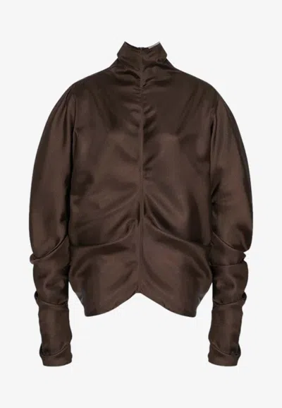 The Row Draped Long Sleeve High Neck Blouse In Brown