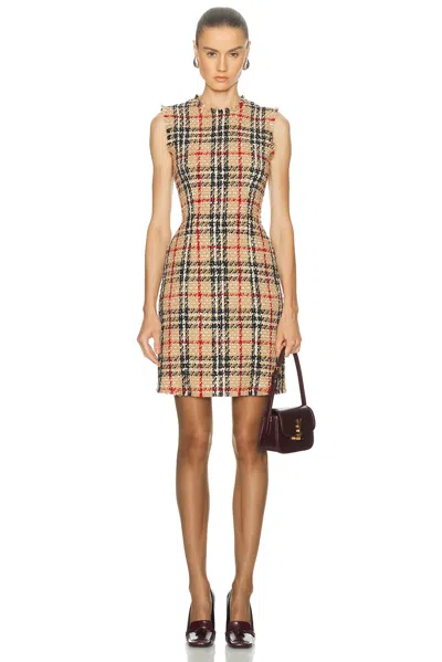 Burberry Checked-pattern Frayed Midi Dress In Brown