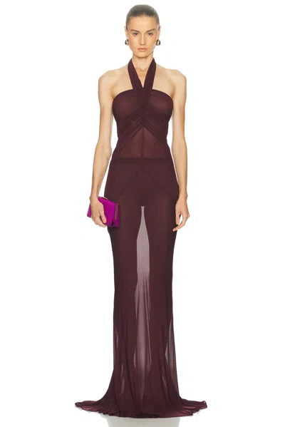 Atlein Halter Neck Ruched Gown In Burgundy
