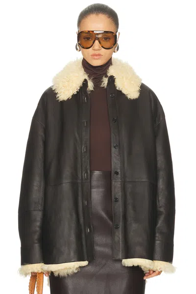 Acne Studios Shearling Collar Leather Jacket Side Pockets In Black