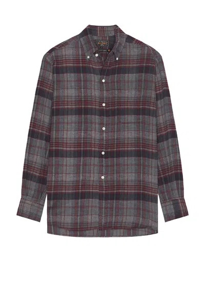 Beams Open Collar Brushed Satin Plaid Shirt In Red
