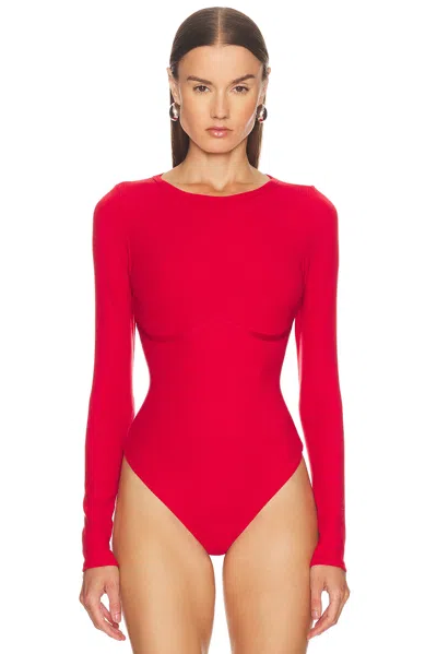 Fleur Du Mal Hourglass Rib Long Sleeve Thong Bodysuit Rouge In Red