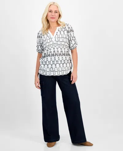 Style & Co Petite Eyelet Summer Split-neck Top, Exclusively At Macy's In Multi