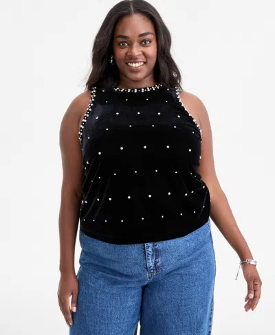 On 34th Trendy Plus Size Rhinestone-embellished Velvet Top, Macy's Exclusive In Black
